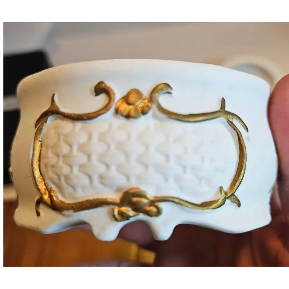 VTG Porcelain, Bisque Trinket Box Ornate Gold Scroll Porcelain Flower UCGC Korea